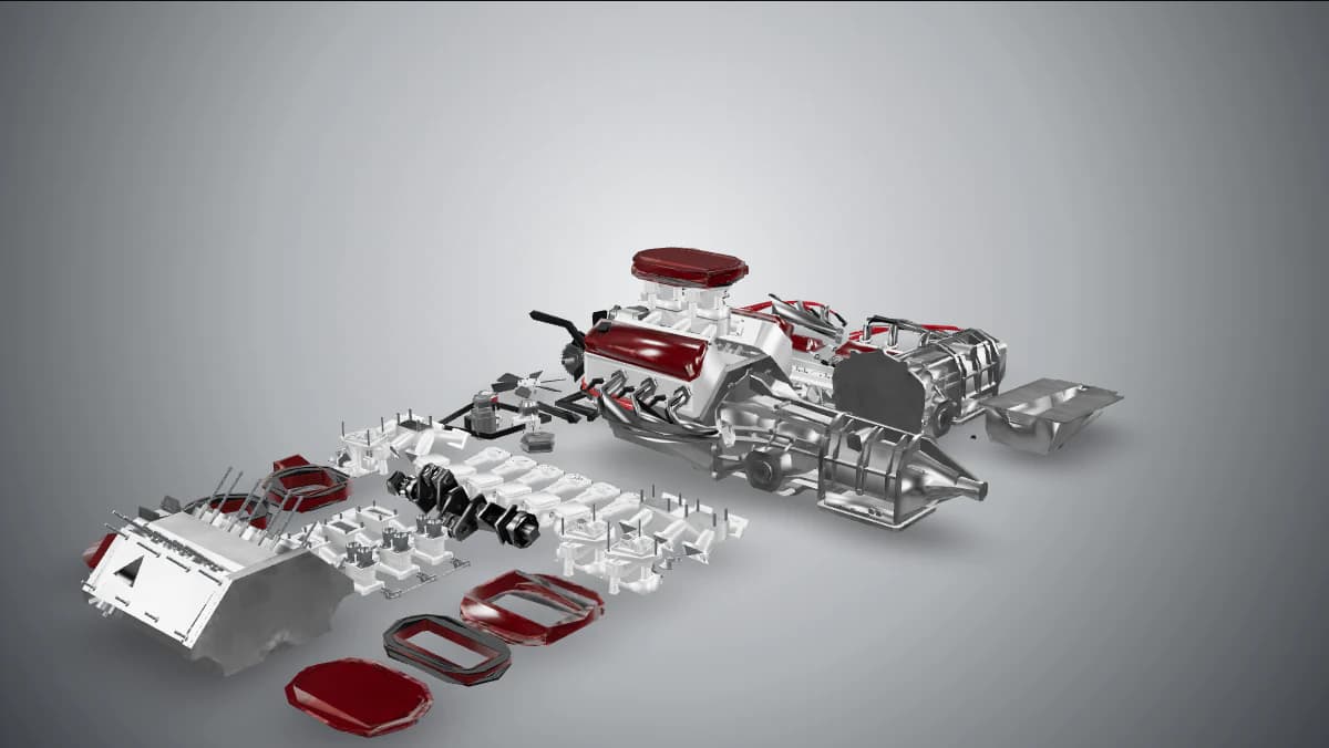 Dreidimensionale Darstellung eines V6-Motors mit angeschlossenem Getriebe