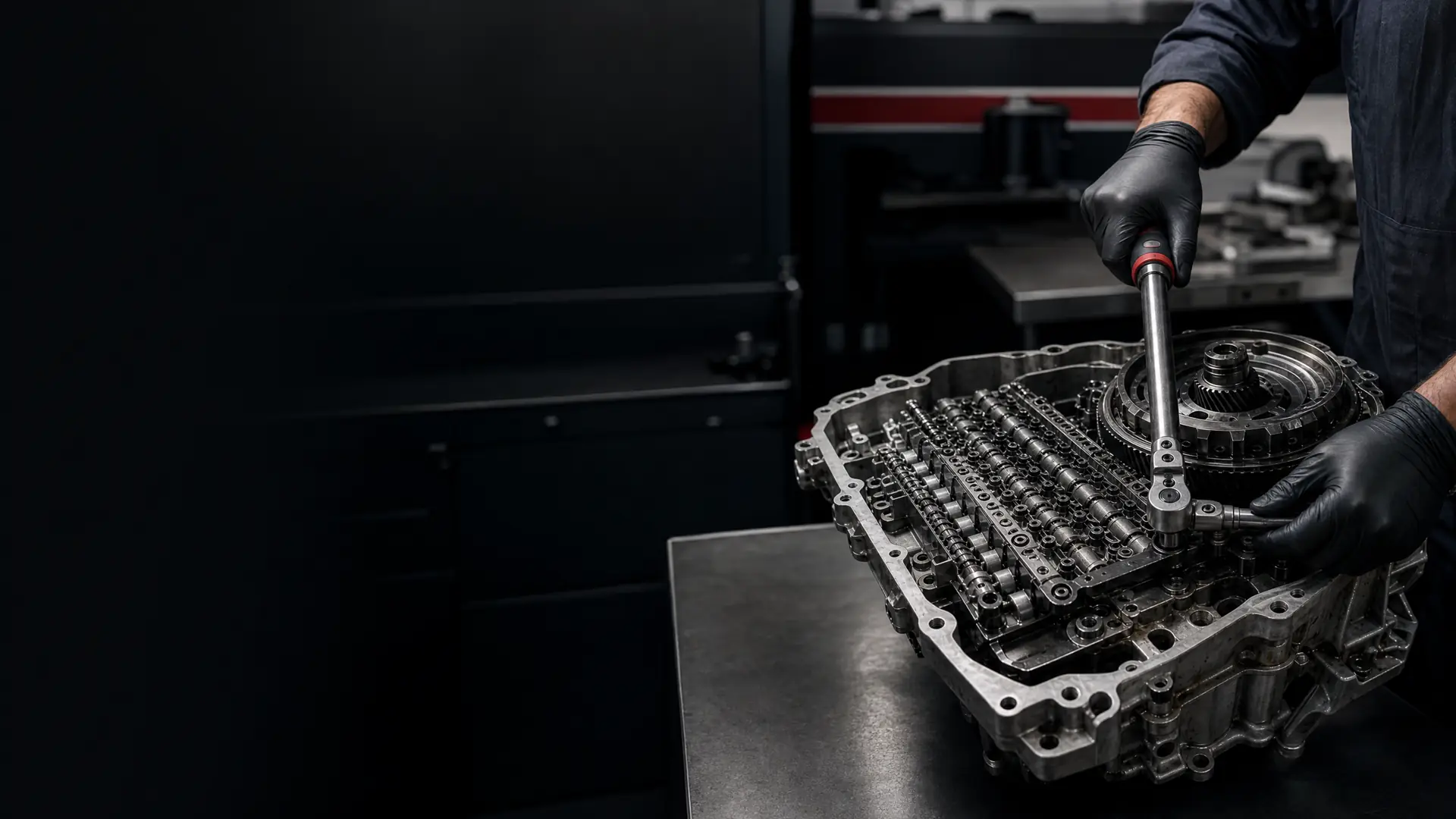 Arbeit an einem geöffneten Automatikgetriebe