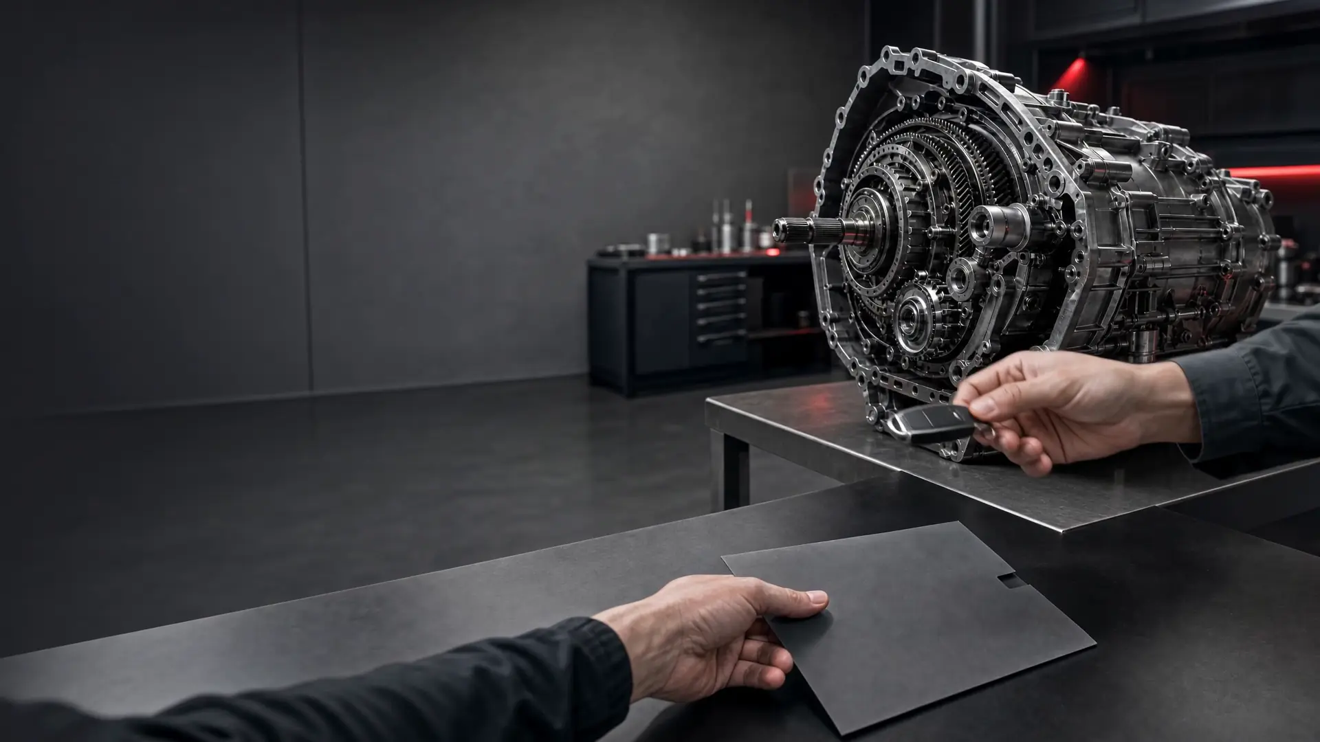 Ruhige Schlüsselübergabe vor einem Automatikgetriebe in der Werkstatt
